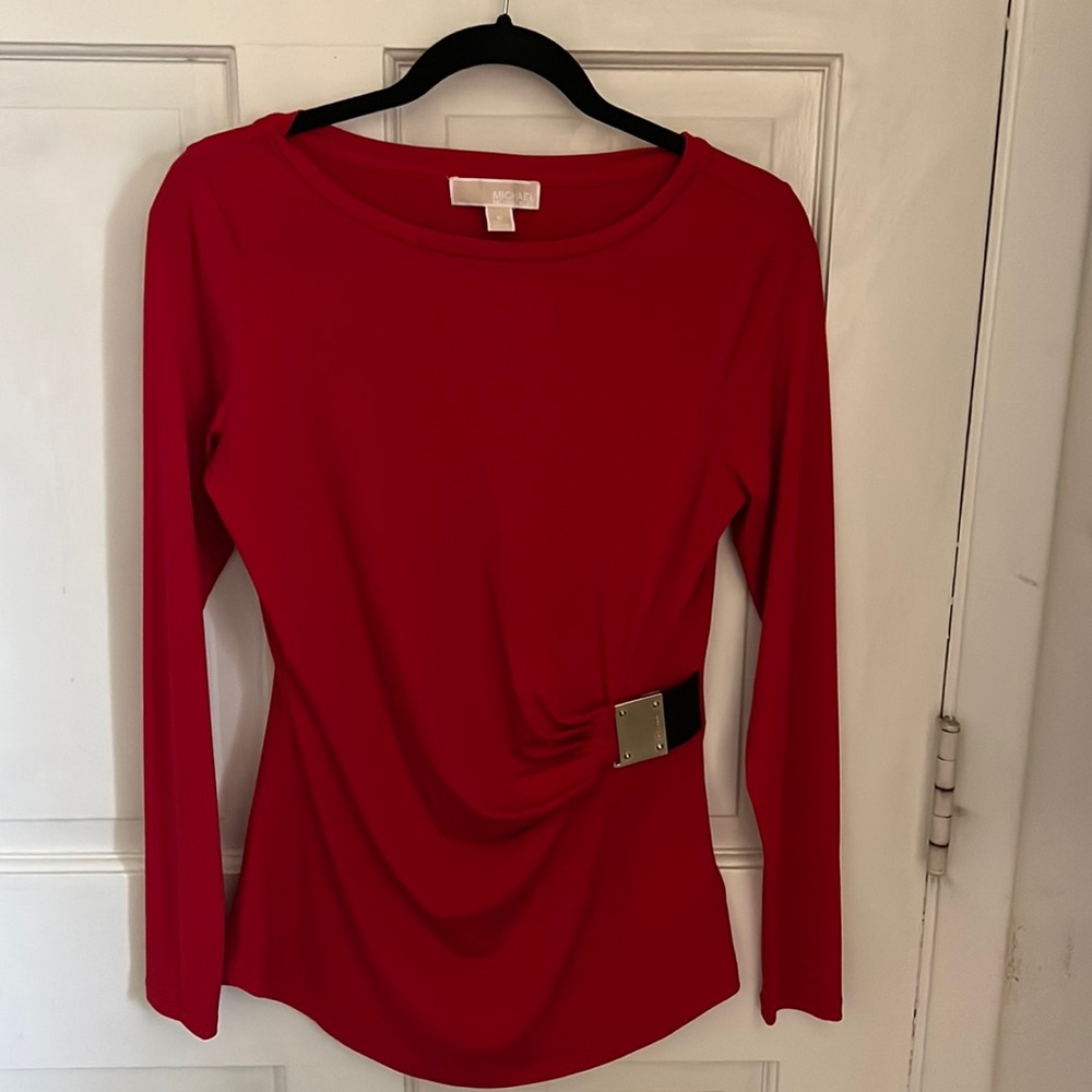 Michael Kors-Red Long Sleeve Shirt w/Gold and Black Buckle